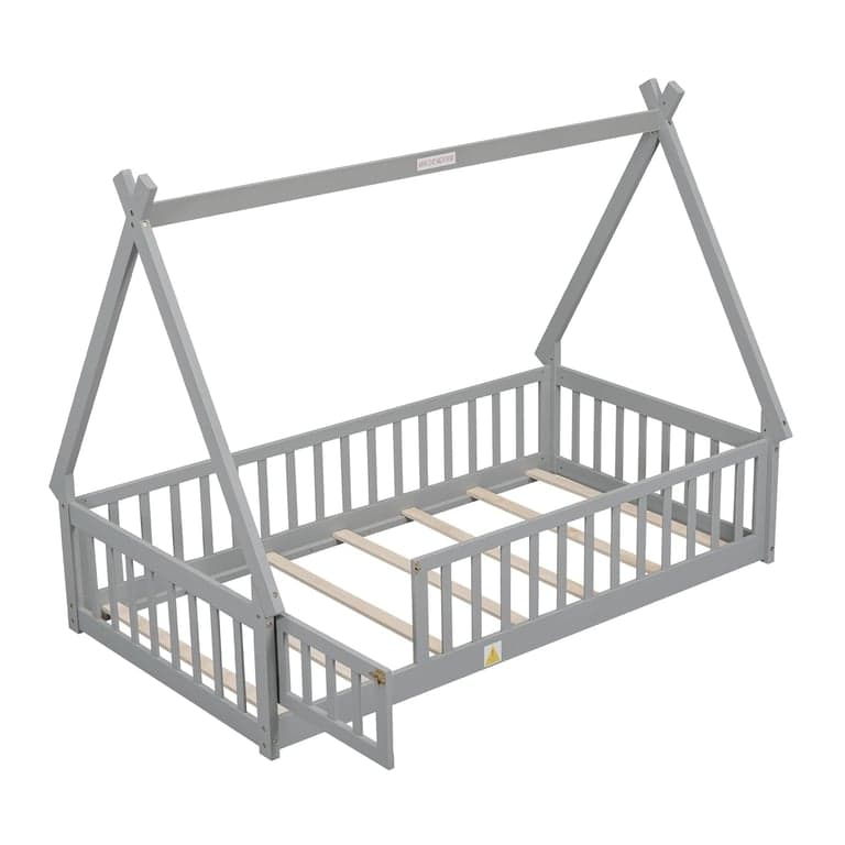 Mirightone Twin Tent-Shaped Floor Bed With Slats and Guardrails Grey