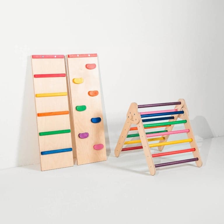 Bunny Hopkins Pikler Triangle Playground Rainbow Mini With Ladder and Rock Wall