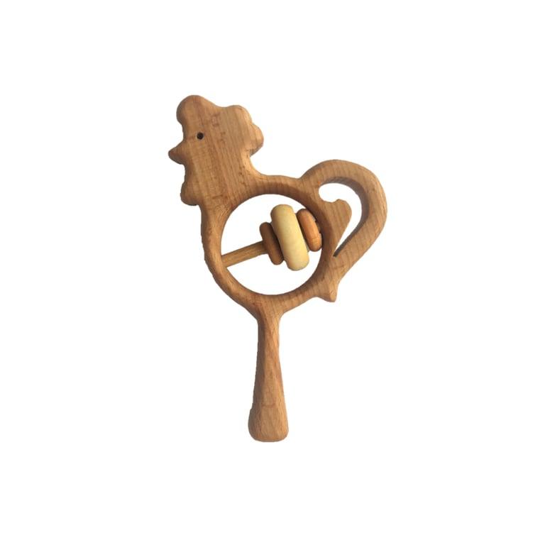 Montessori PoppyBabyCo Organic Wooden Rattle Toy Rooster