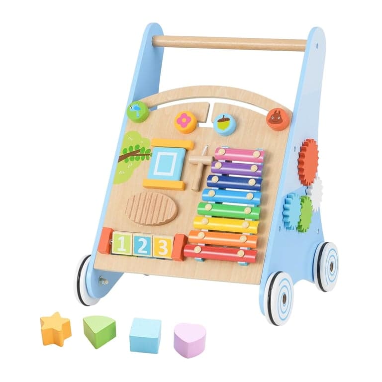 INFANS Wooden Baby Walker With Multiple Activity Toys Blue