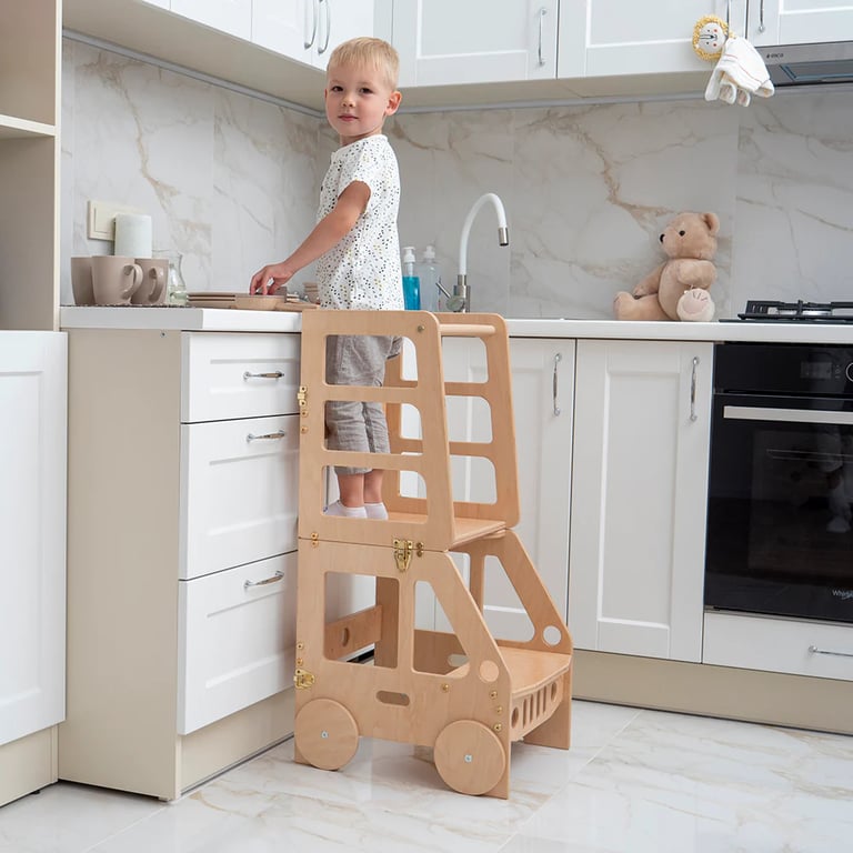 Montessori Wood and Hearts Convertible Kitchen Tower Natural Wood Truck