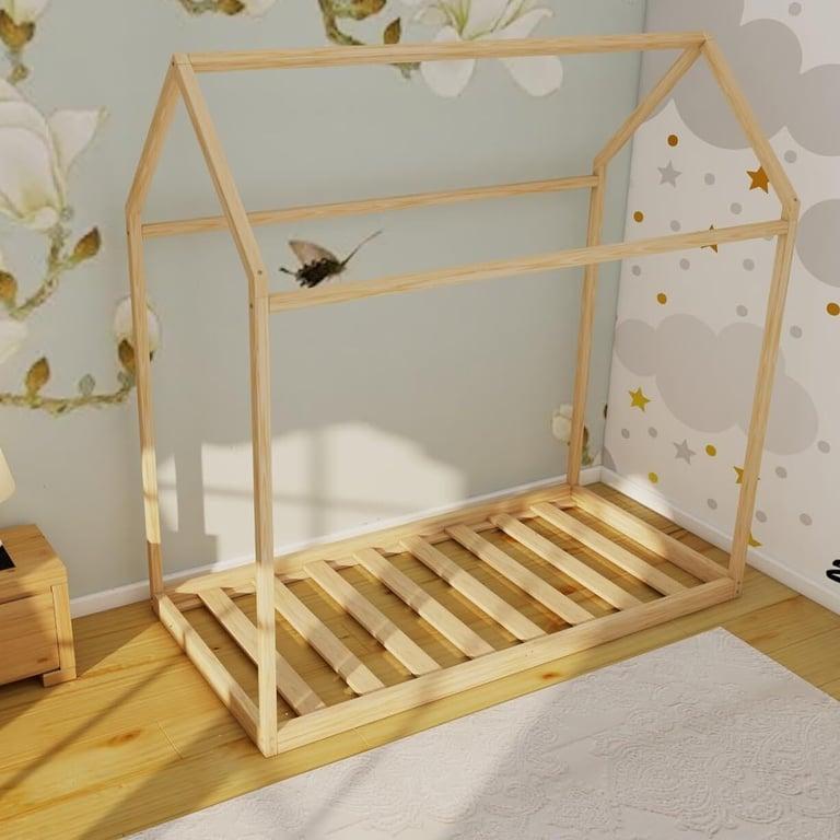 Montessori Wood and Montessori House-Shaped Queen Floor Bed With Slats