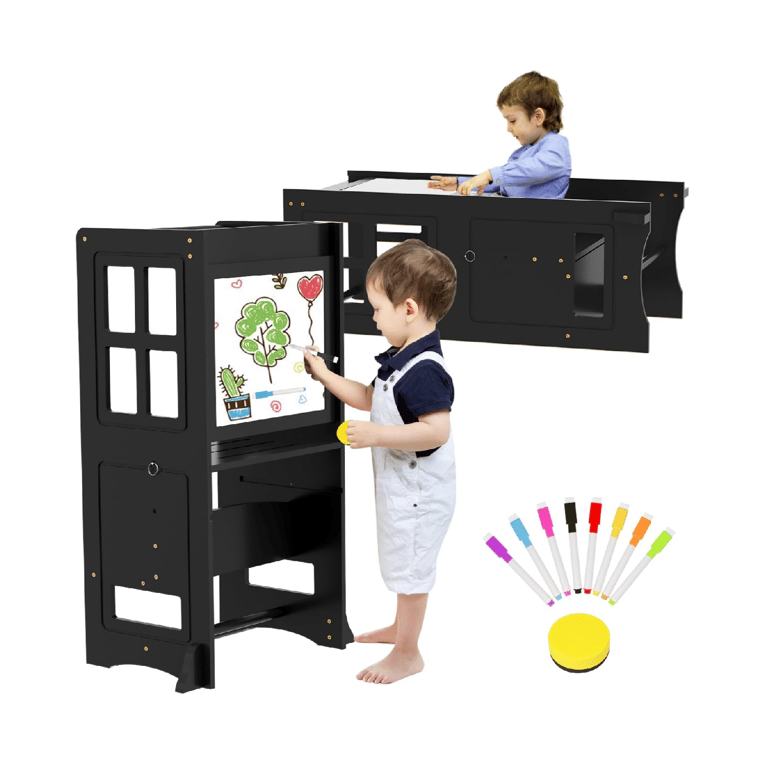 Montessori BueDeHai Adjustable Toddler Tower With Whiteboard Black