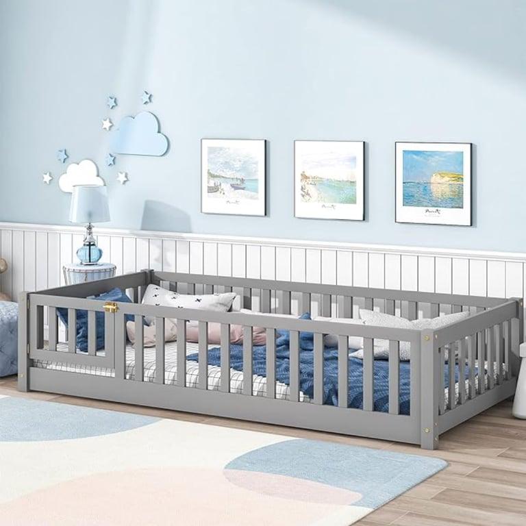 Montessori Tatub Twin Size Floor Bed With Safety Guardrails, Slats, and Door Gray