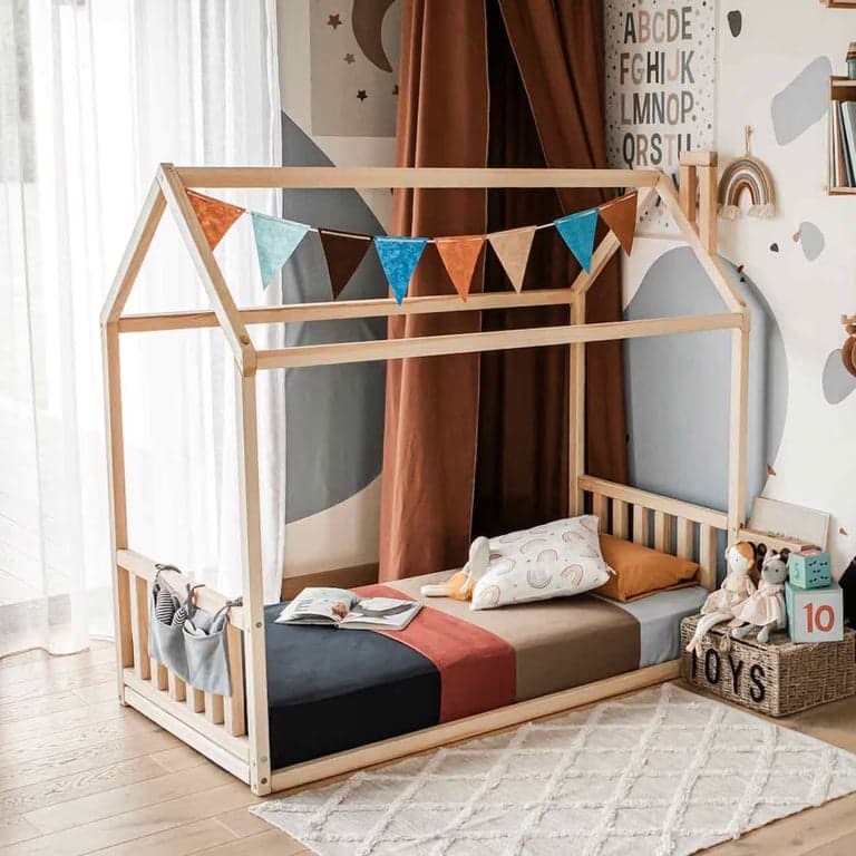 Montessori Sweet Home From Wood House Floor Bed With Headboard and Footboard Queen Pine Wood