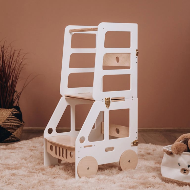 Montessori Wood and Hearts Convertible Kitchen Tower White + Natural Wood Truck