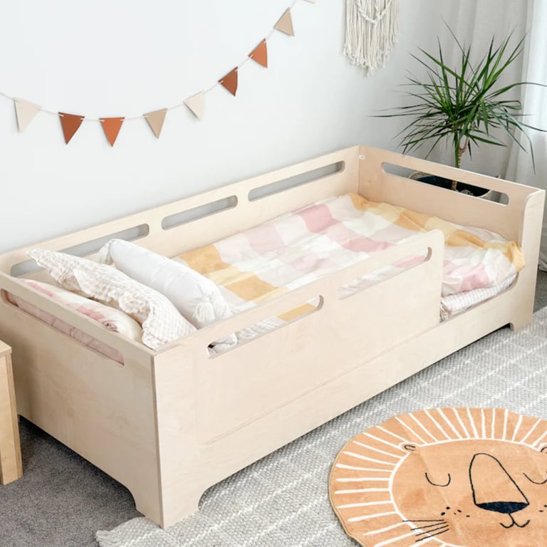 Montessori Magic of Wood Floor Bed With Cutouts & Removable Rail Ply Queen