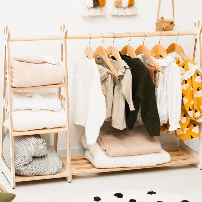 ChildUniverse Wooden Clothing Rack Big With Shelves White