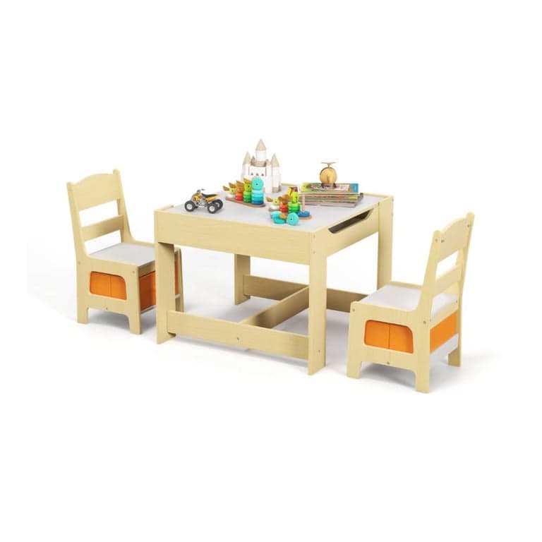 Costway Activity Table and Chairs Set With Storage Boxes, Blackboard, Whiteboard Natural