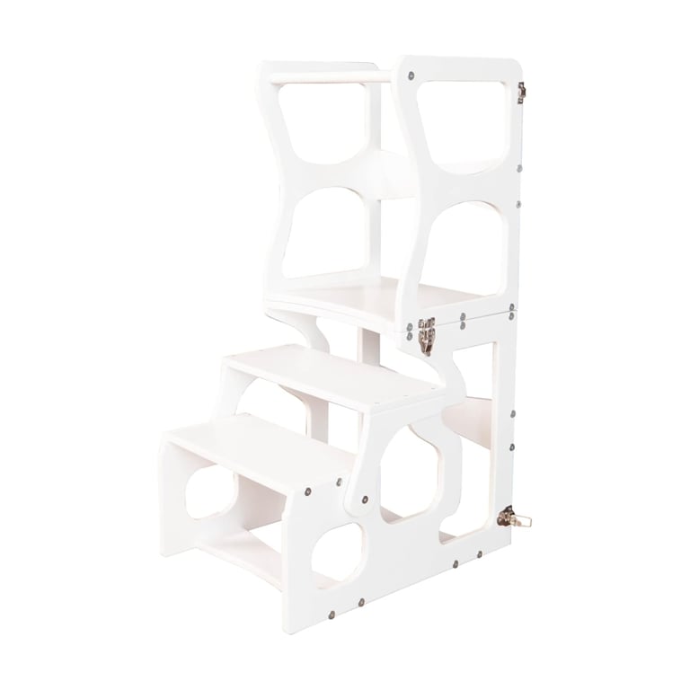 Montessori Wood and Hearts Convertible Toddler Tower White Neckline