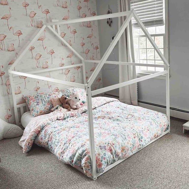 Montessori Sweet Home From Wood House Floor Bed With Headboard Queen White