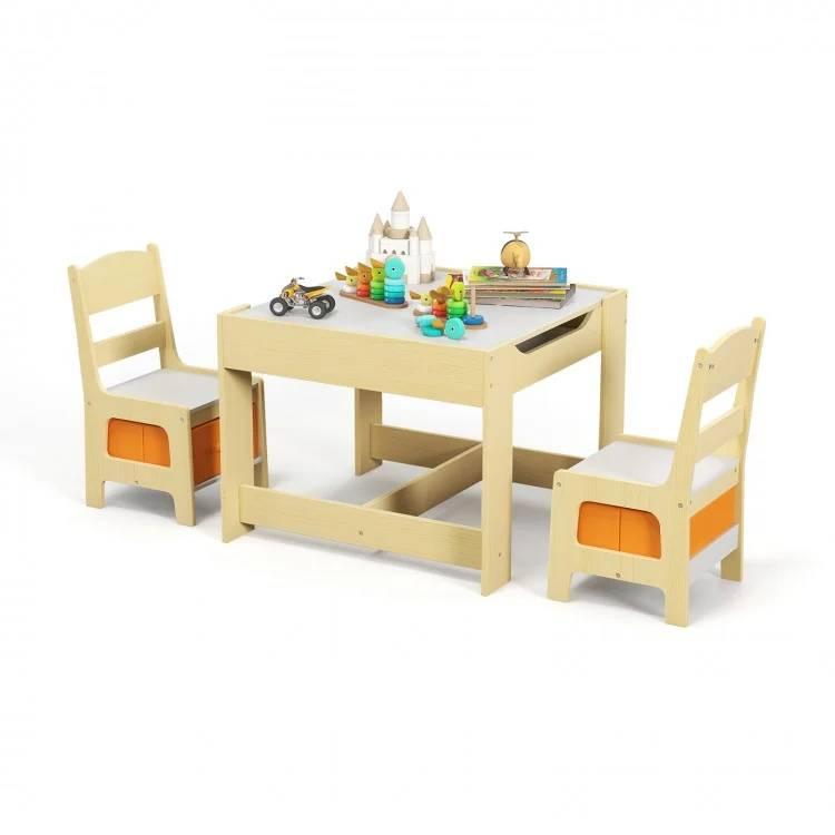 Montessori Costway Kids Table Chairs Set With Storage Boxes Blackboard Whiteboard Drawing Natural