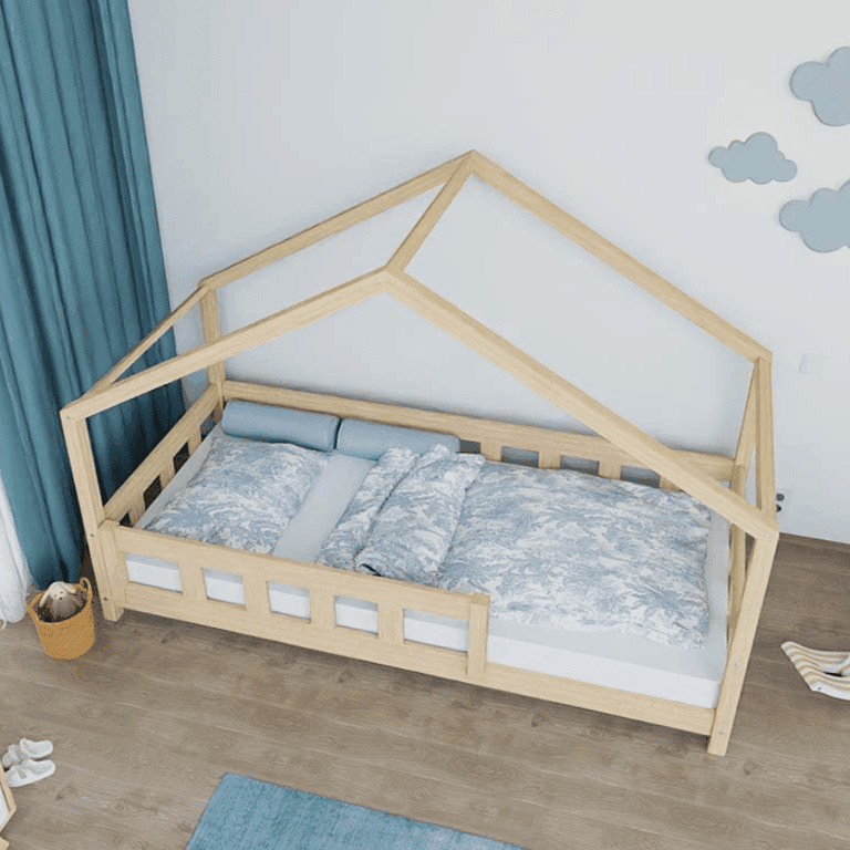 Benlemi House Bed Plotty With Front Panel and Front Safety Rail Unvarnished 120x200 CM