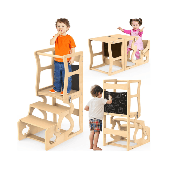 DGD Convertible Toddler Tower With Chalkboard and Backrest Natural-L
