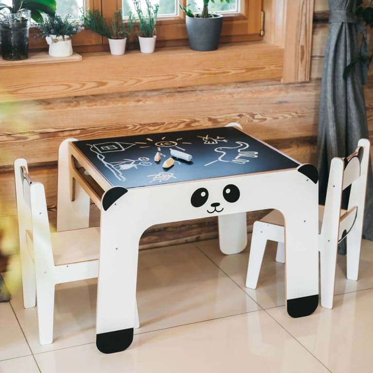 Montessori Wild Kids Activity Table With Reversible Blackboard Top and Chairs Panda White