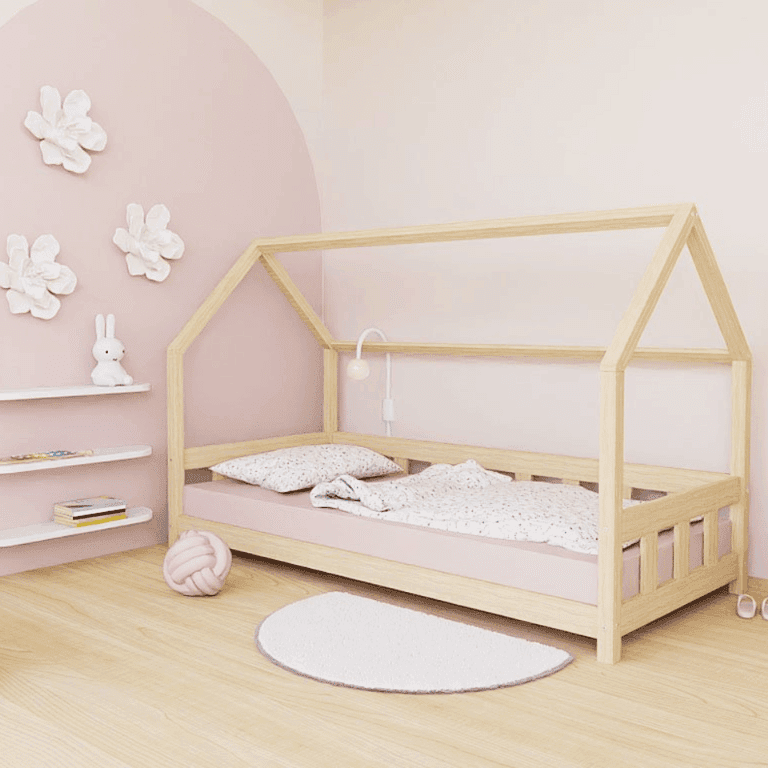 Benlemi House Bed Plotty With Side Panel and Open Entrance Unvarnished 90x190 CM