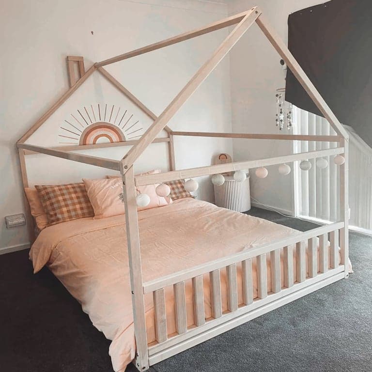 Montessori Sweet Home From Wood House Floor Bed With Headboard and Footboard Queen Birch Wood