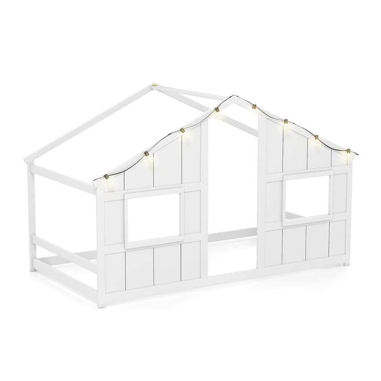 KOMFOTT Single Floor House Bed With Shape Roof & Windows White