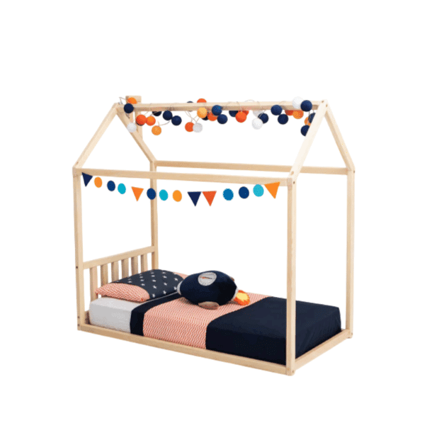 Sweet Home From Wood House-Frame Bed With a Headboard Double Non-Painted Pine Wood