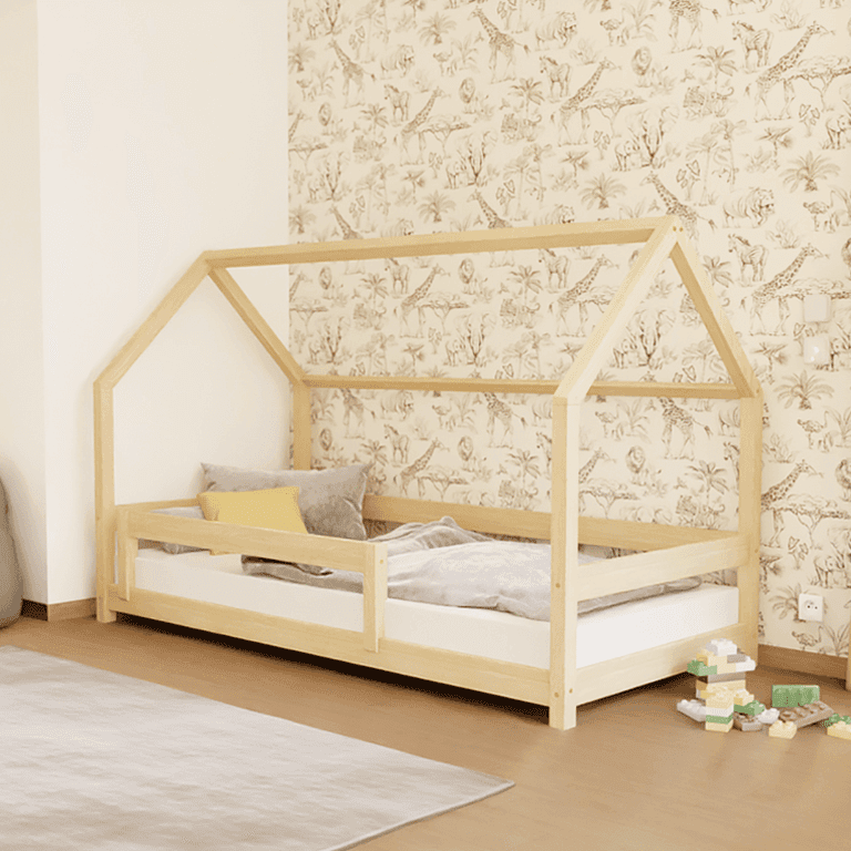 Benlemi House Bed Lucky With Firm Bed Guard Unvarnished 75 x 35