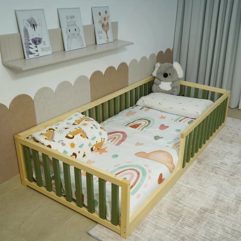Montessori Kids Universe Floor Bed With Rails Double Half Green No Door