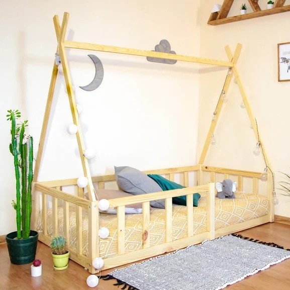 Montessori Holly Molly Wood Floor Bed With Rails Tepee Shape Single Natural