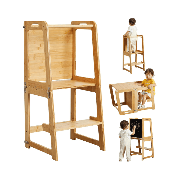 Montessori Onirw 4-in-1 Convertible Toddler Tower With Chalkboard Natural