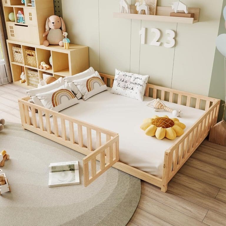 HMHKHN Double Floor Bed With Safety Fence, Door, and Slats Natural