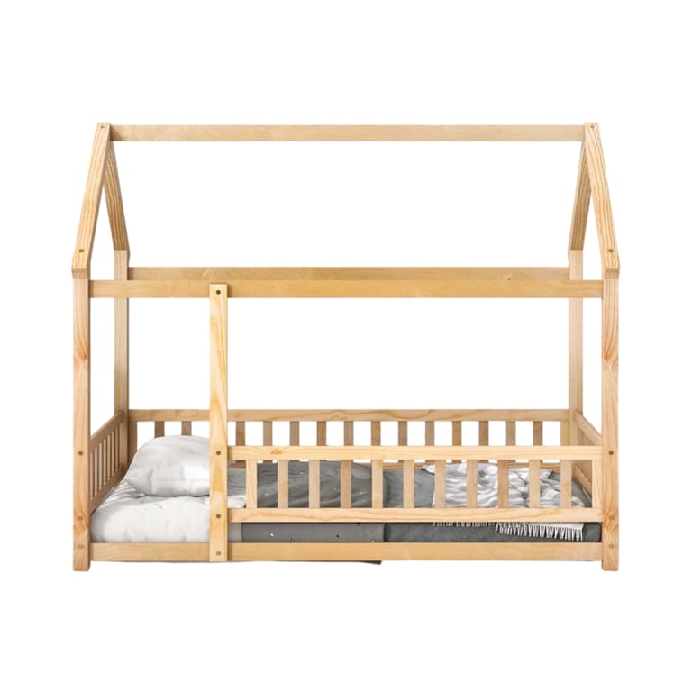 Montessori Mercer41 Twin Floor Wooden Bed With House Roof Frame and Fence Guardrails Natural