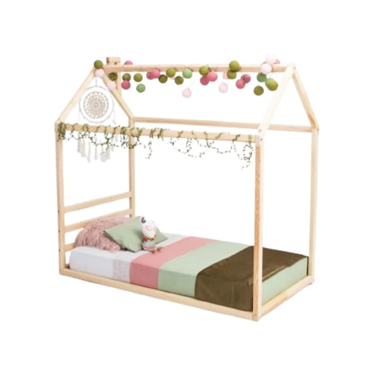 Montessori Sweet Home From Wood House Floor Bed With Horizontal Headboard Queen Pine Wood