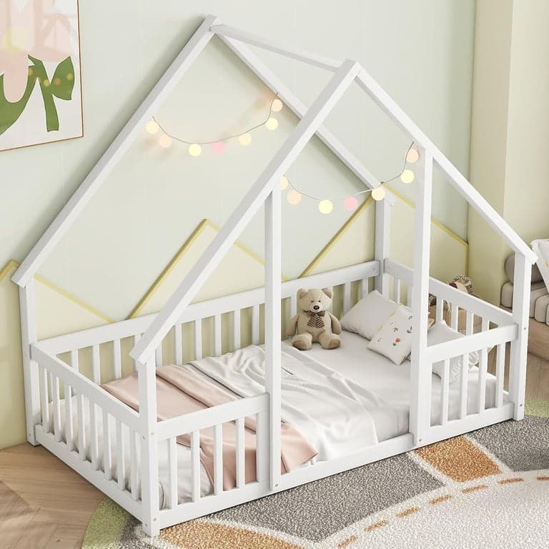 Mirightone Single House Bed With Fence Rails White