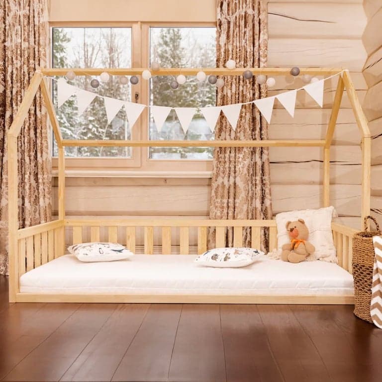 Montessori Roomix Toddler House Floor Bed 160 x 90 cm With Natural Wood Finish Fully Open Front and 41 cm Height Barrier