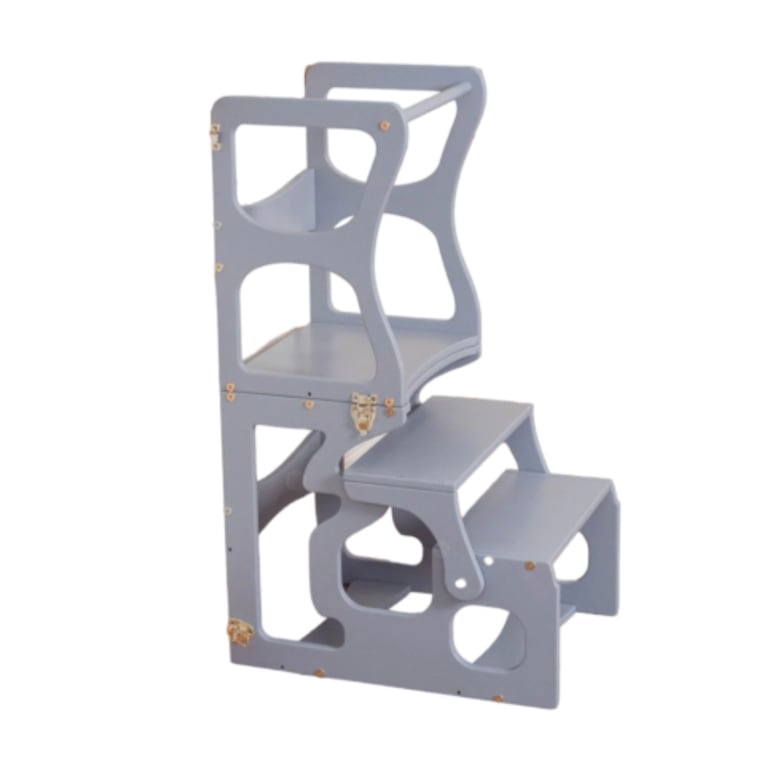 Montessori Wood and Hearts Convertible Toddler Tower Gray Neckline