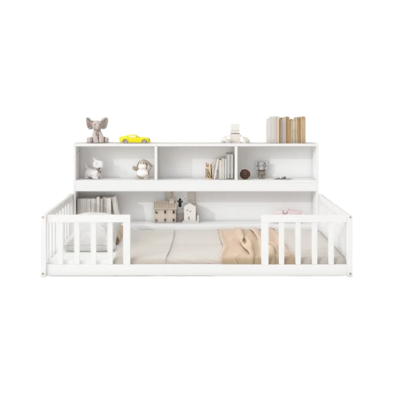 Montessori Bed Bath & Beyond Twin Floor Bed With Bookcase and Safety Guardrails White