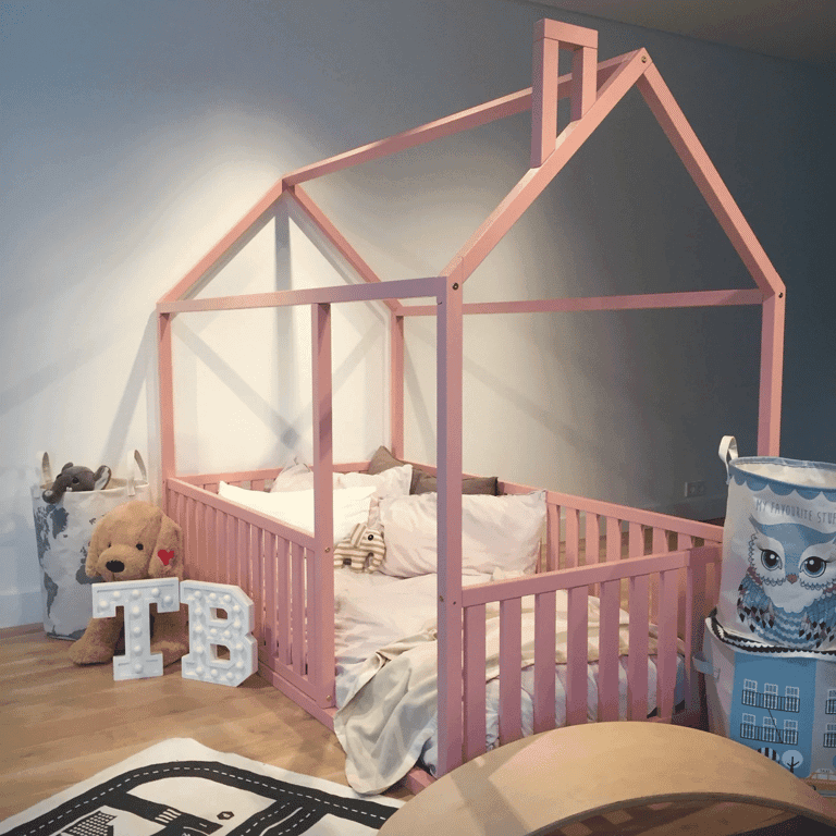 Montessori Teo Beds Floor Beds With Rails House Shaped Pink Twin Size