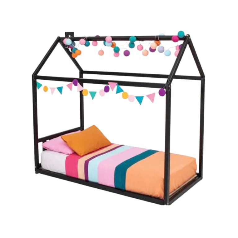 Montessori Sweet Home From Wood House Floor Bed With Headboard Queen Black