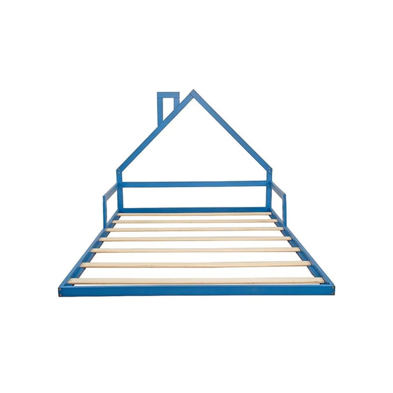 Montessori Bedzy Pine Wood House Shaped Double Floor Bed Blue