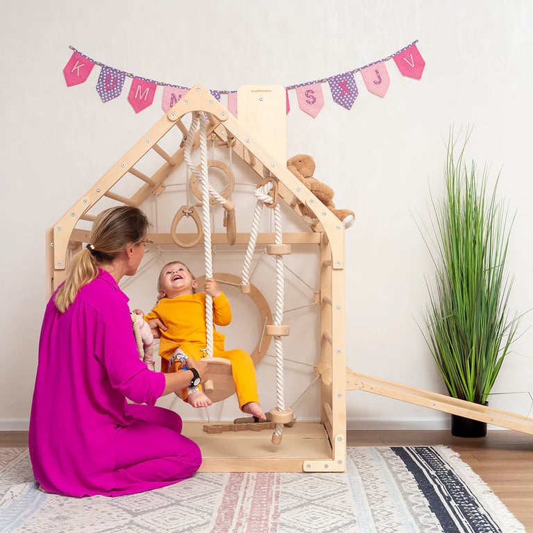 Montessori Wood and Hearts Climbing Playhouse With Ramp, Two-Sided Mat, and 3 Ropes in Natural Wood