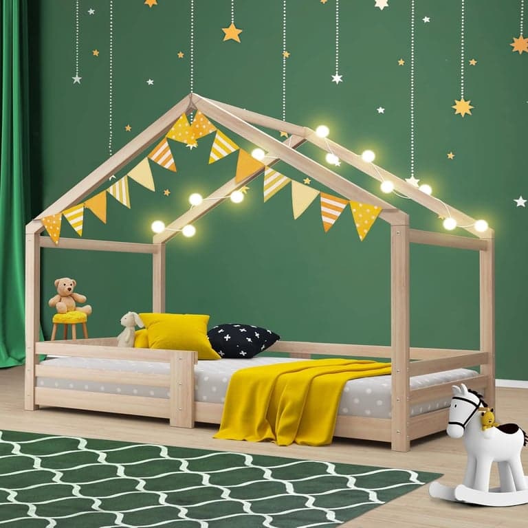 Oikiture Single House Floor Bed With Rails Natural A4