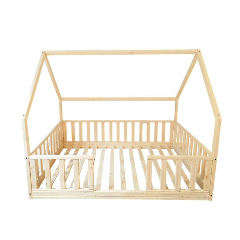 Montessori Rustic Made Decor Floor Bed With Rails No Gate House Shaped Double