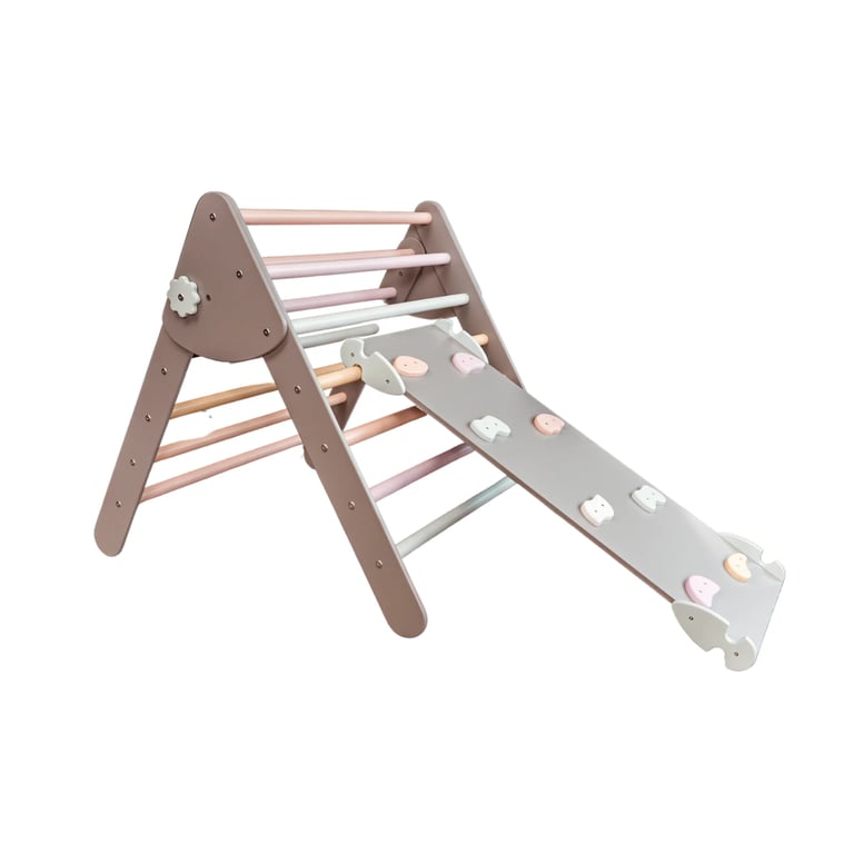 Montessori Wood and Hearts Climbing Triangle Frame Large With Ramp Gray and Pastel