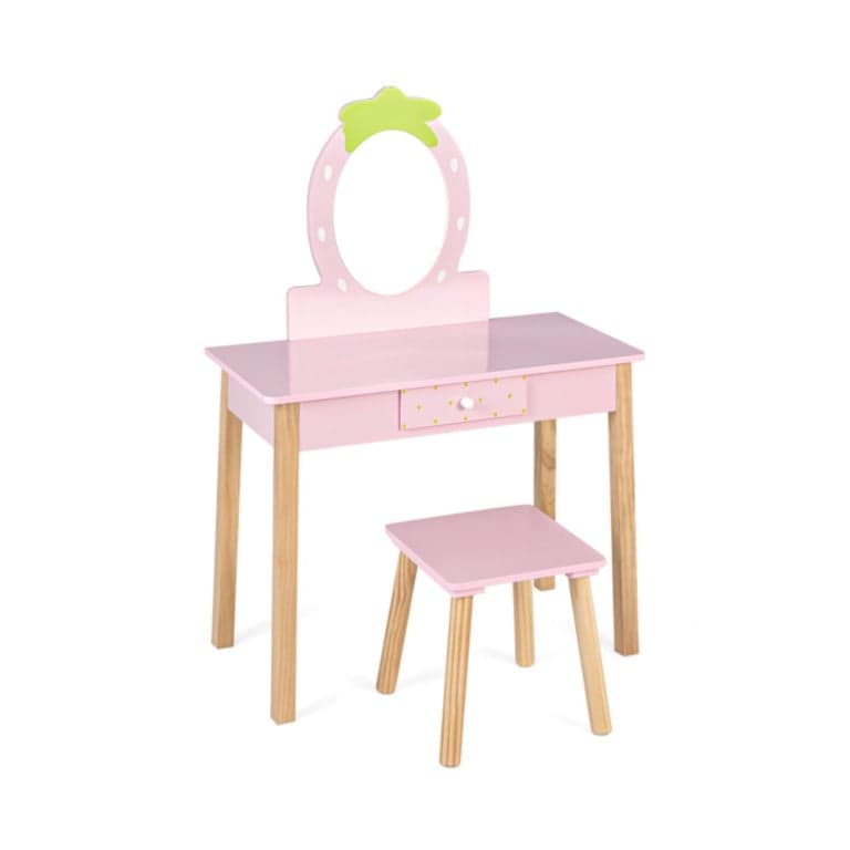 Costway 2-in-1 Children Vanity Table Stool Set 1 Storage Drawer Pink