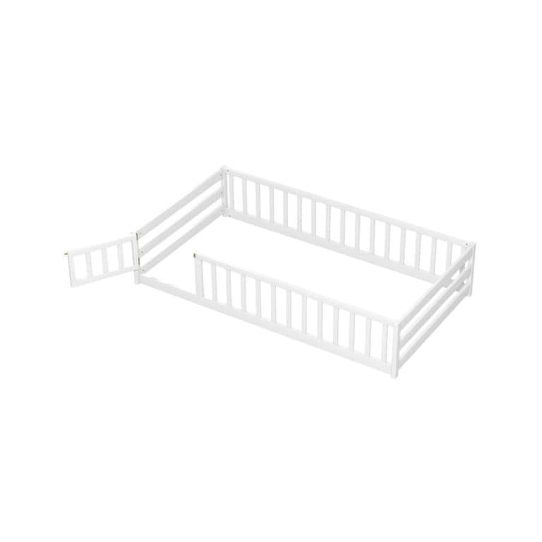 Costway Twin Size Montessori Floor Bed With Door and Fence White