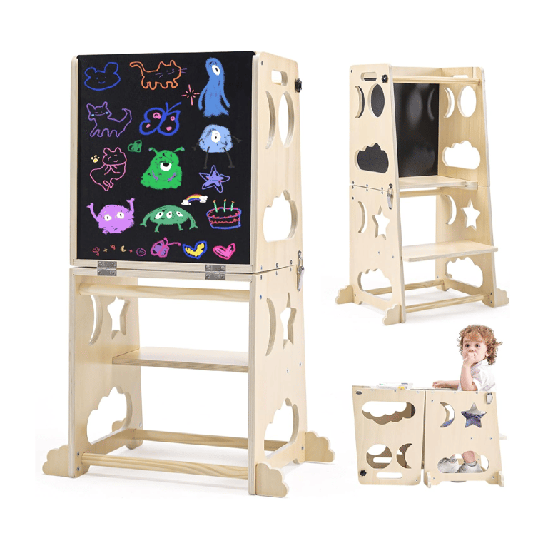 Montessori Yojoker 4-in-1 Convertible Toddler Tower With Chalkboard & Safety Rail Natural