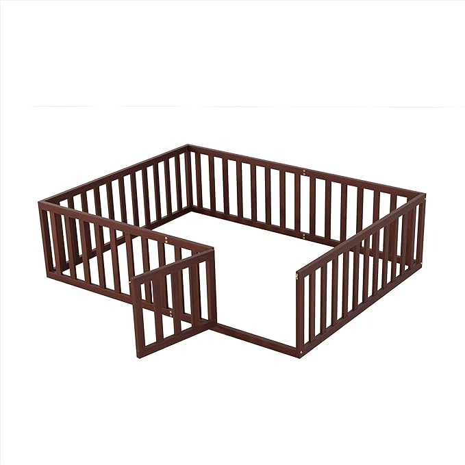 Montessori Merax Queen Size Wood Floor Bed Frame With Fence and Door Walnut