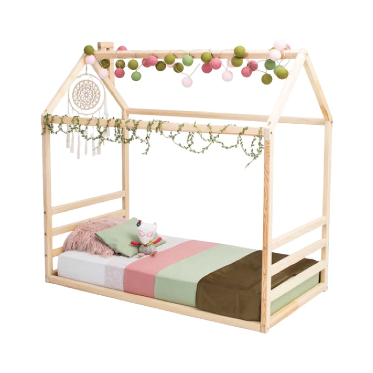 Montessori Sweet Home From Wood House Floor Bed Frame With a Horizontal Headboard and Footboard Single Non-Painted Birch Wood