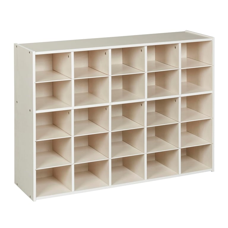 Montessori ECR4Kids Streamline 25-Cubby Tray Storage Cabinet 5 x 5 White Wash