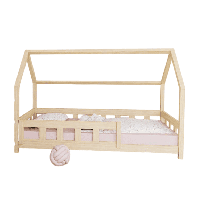 Benlemi House Bed Plotty With Side Panel and Front Safety Rail Unvarnished 120x200 CM