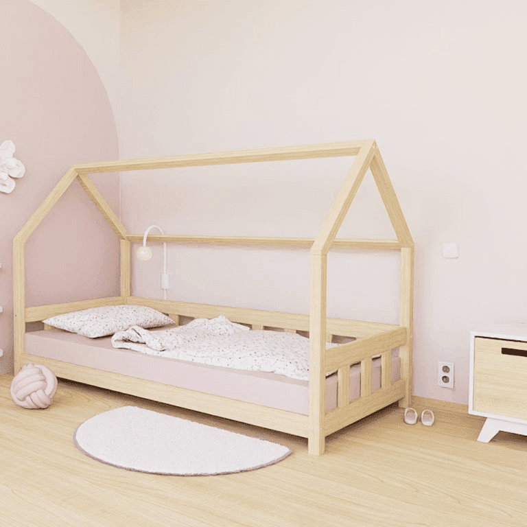 Benlemi House Bed Plotty With Side Panel and Open Entrance Unvarnished 140x200 CM