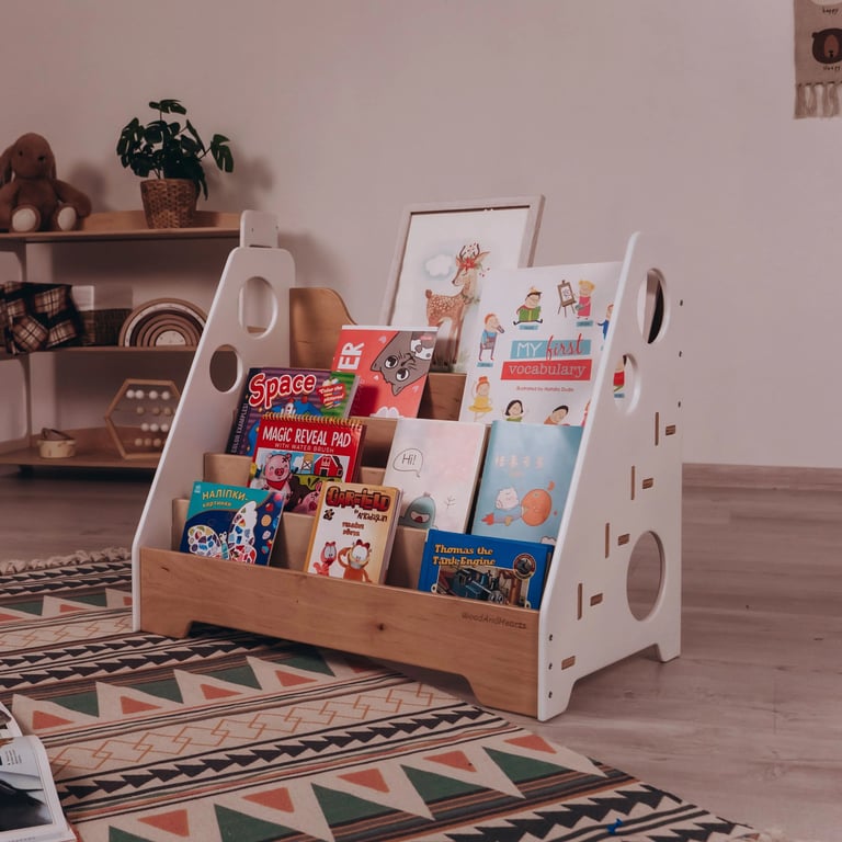 Montessori Wood and Hearts Montessori Bookshelf White + Natural Wood